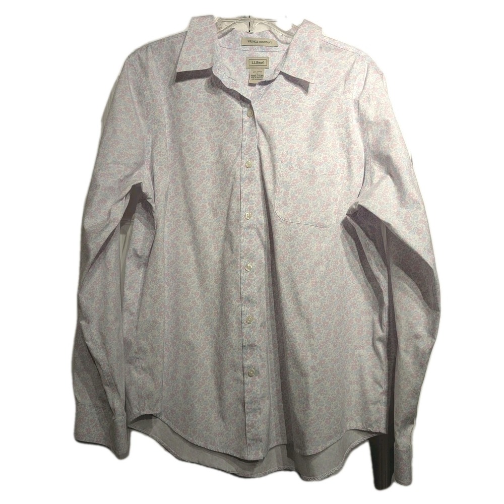 L.L. Bean Shirt Women L Pink Floral Wrinkle Resistant Cotton Button Front Pocket